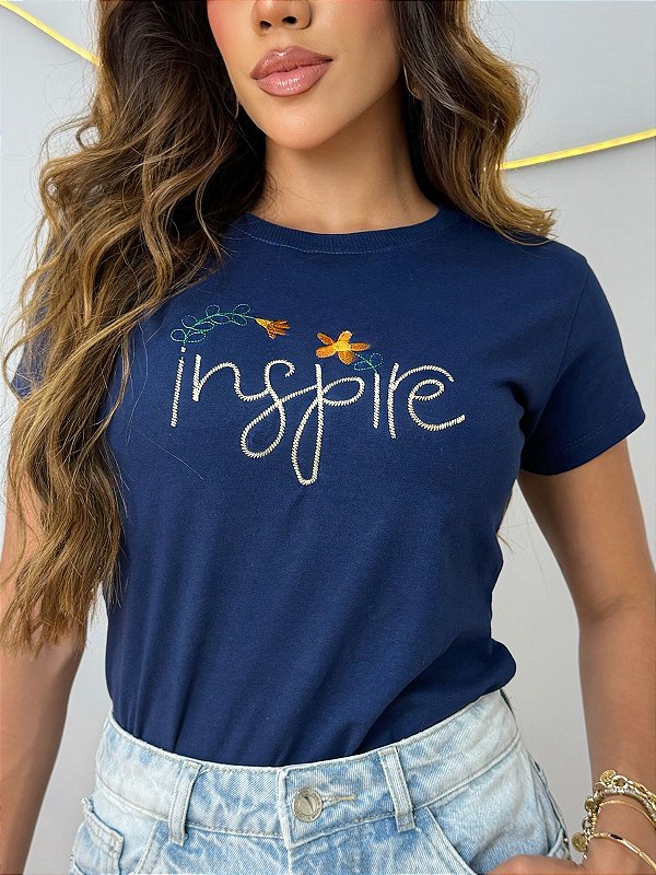 TSHIRT FEMININA ALGODÃO BORDADA INSPIRE / AZUL MARINHO