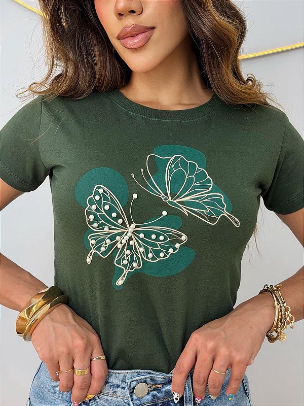 TSHIRT FEMININA ALGODÃO BORBOLETA PEROLAS / VERDE MILITAR