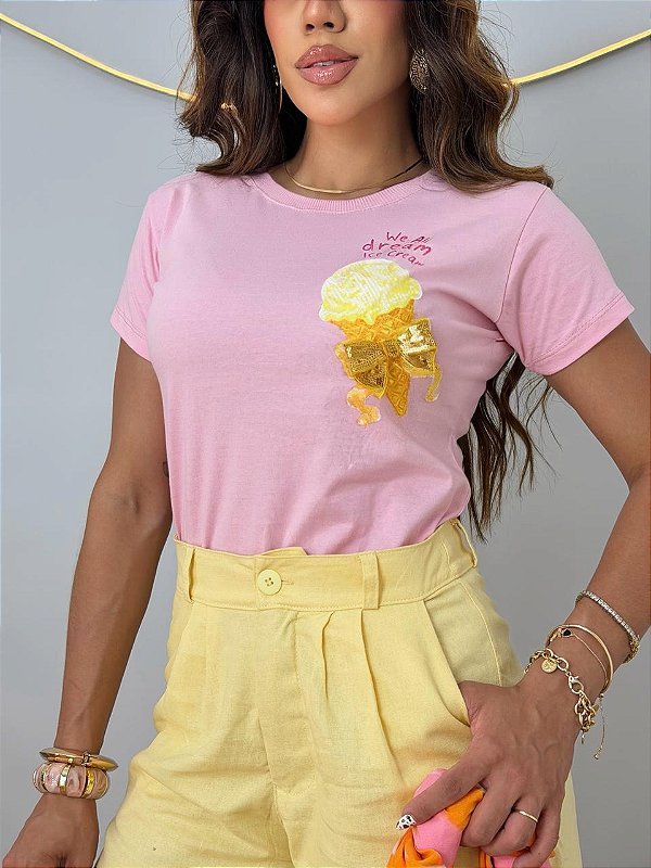 TSHIRT FEMININA ALGODÃO SORVETINHO / ROSA