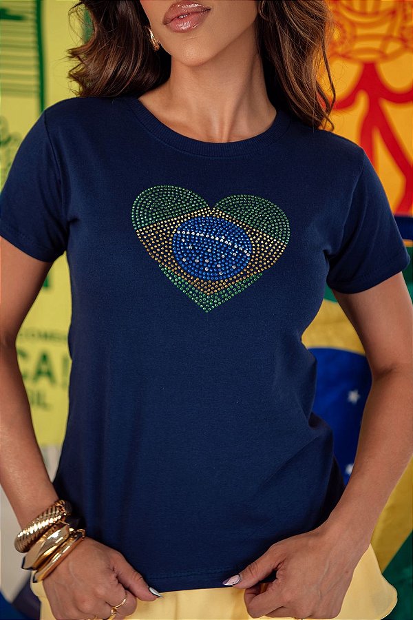 TSHIRT FEMININA ALGODÃO CORAÇÃO STRASS BRASIL / AZUL MARINHO