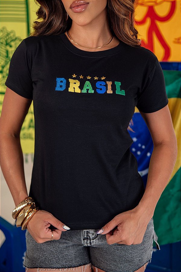 TSHIRT FEMININA ALGODÃO BORDADA BRASIL / PRETA