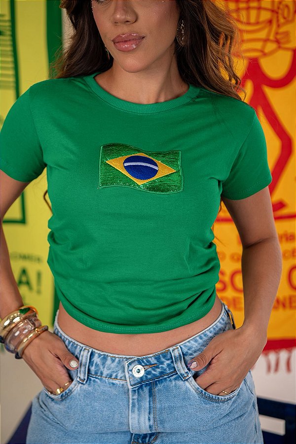 TSHIRT FEMININA ALGODÃO BORDADA BANDEIRA / VERDE