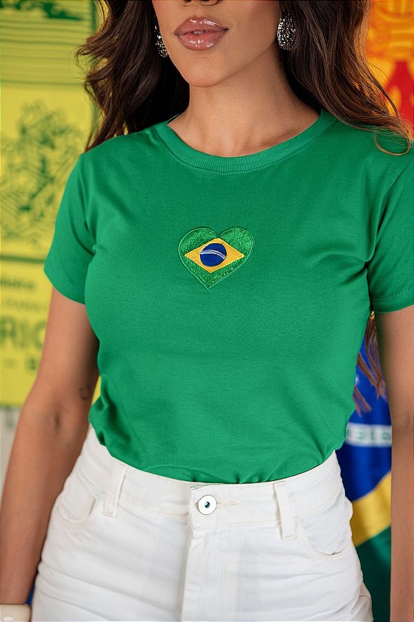 TSHIRT FEMININA ALGODÃO CORAÇÃO BORDADO / VERDE