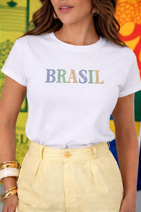 TSHIRT FEMININA ALGODÃO BRASIL STRASS / BRANCA