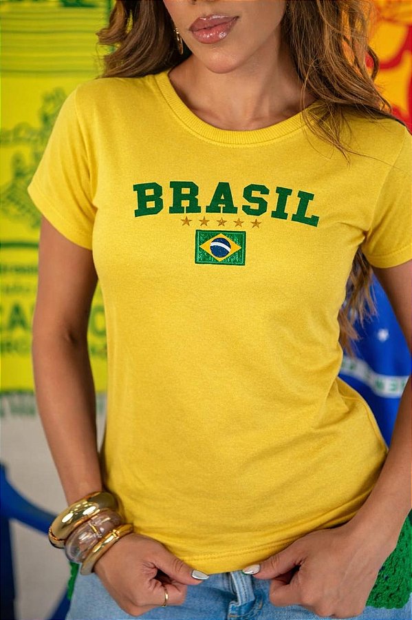 TSHIRT FEMININA ALGODÃO BRASIL BANDERINHA BORDADA / AMARELA
