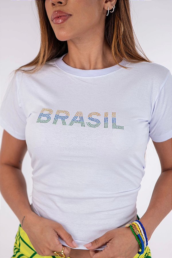 TSHIRT FEMININA ALGODÃO STRASS BRASIL PEQUENO / BRANCA