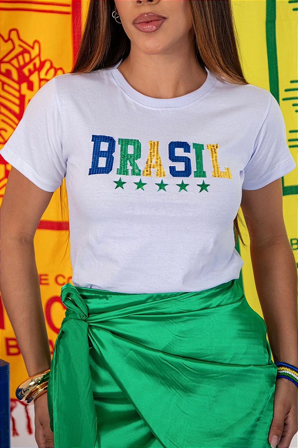 TSHIRT FEMININA ALGODÃO BRASIL LANTEJOULAS / BRANCA