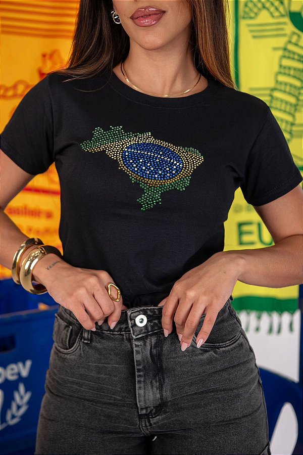 TSHIRT FEMININA ALGODÃO BRASIL MAPA STRASS / PRETA