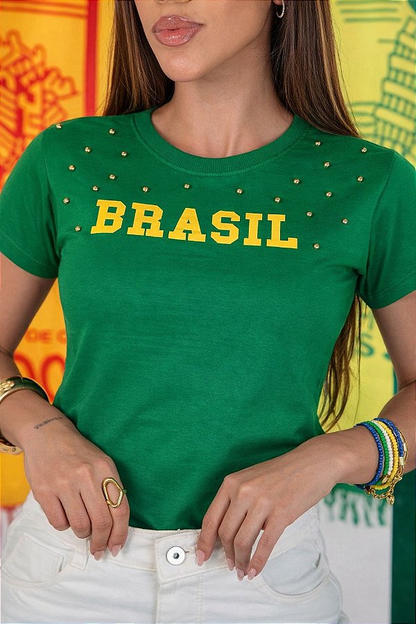 TSHIRT FEMININA ALGODÃO BRASIL PEROLAS / VERDE BANDEIRA