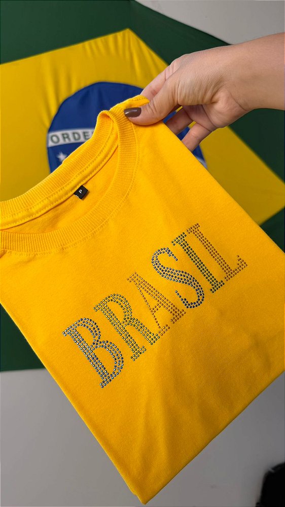 TSHIRT FEMININA ALGODÃO BRASIL STRASS GRANDE / AMARELO