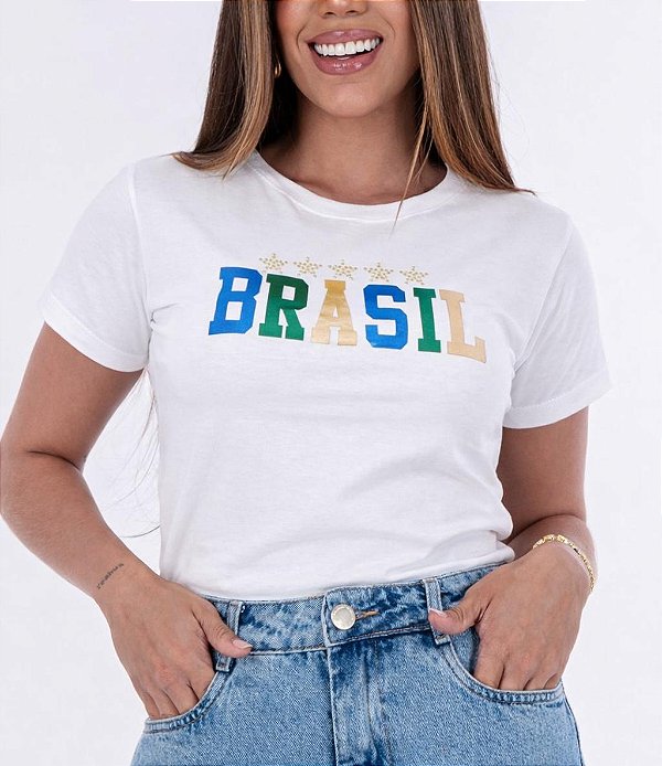 TSHIRT FEMININA ALGODÃO BRASIL APLICAÇÃO SEDA / BRANCA