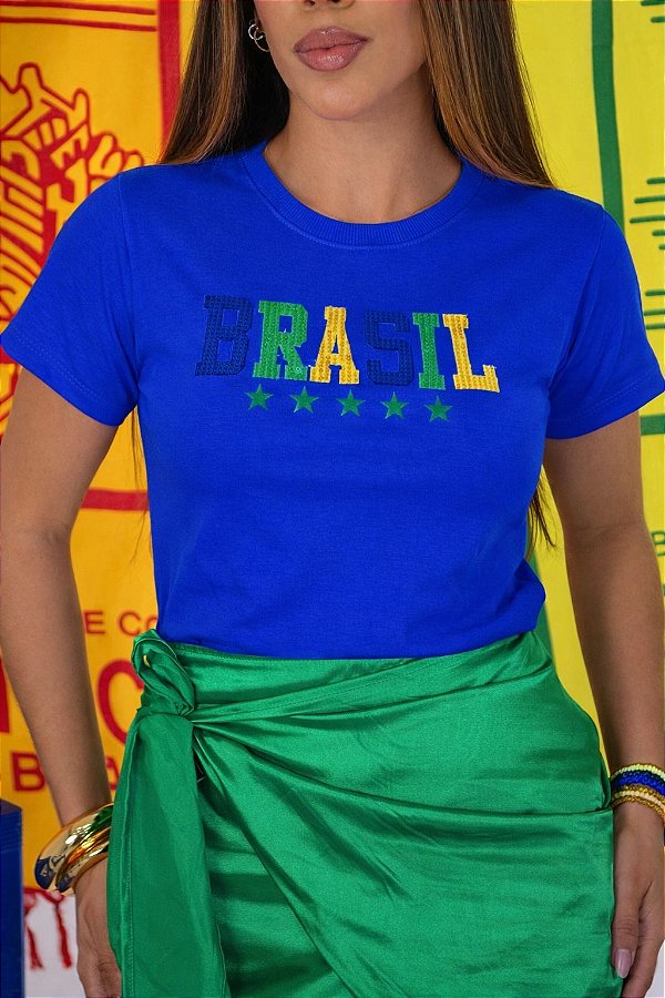 TSHIRT FEMININA ALGODÃO BRASIL LANTEJOULA / AZUL BIC