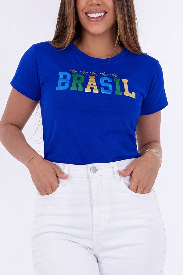 TSHIRT FEMININA ALGODÃO BRASIL APLICAÇÃO SEDA / AZUL BIC