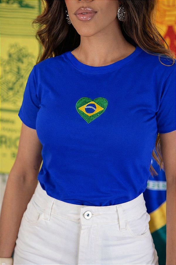 TSHIRT FEMININA ALGODÃO CORAÇÃO BORDADO / AZUL BIC