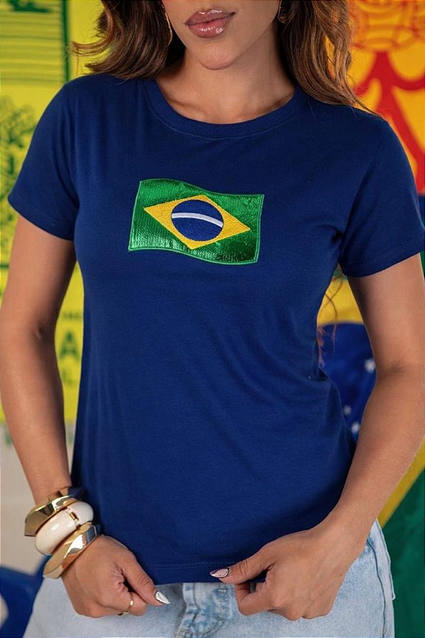 TSHIRT FEMININA ALGODÃO BRASIL BANDEIRA BORDADA / AZUL MARINHO