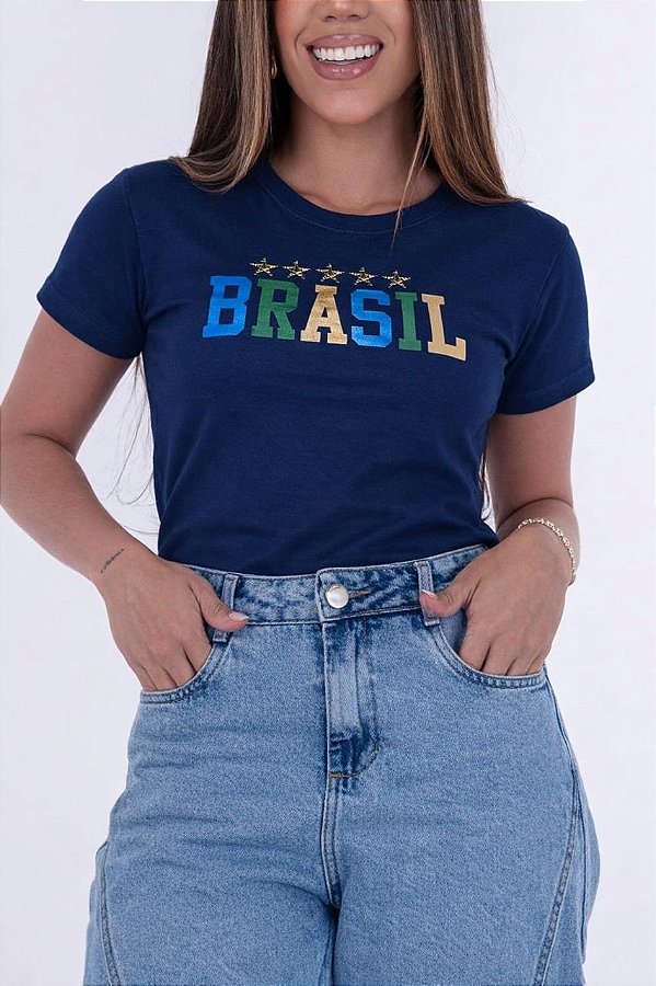 TSHIRT FEMININA ALGODÃO BRASIL APLICAÇÃO SEDA / AZUL MARINHO