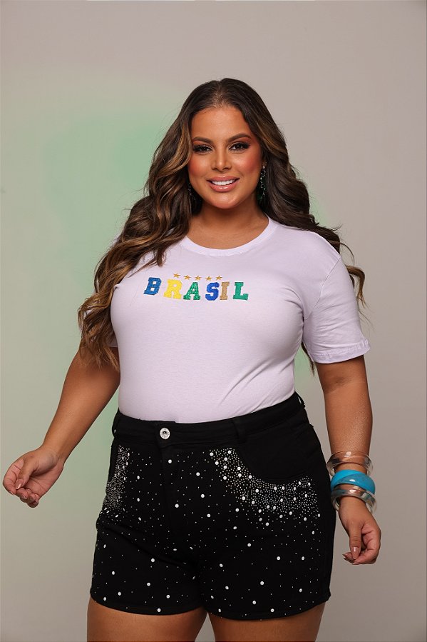 TSHIRT PLUS SIZE FEMININA BRASIL BORDADO / BRANCA