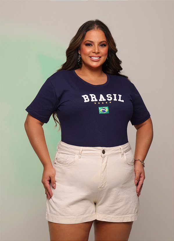 TSHIRT PLUS SIZE FEMININA BRASIL BANDEIRINHA BORDADO /AZUL MARINHO