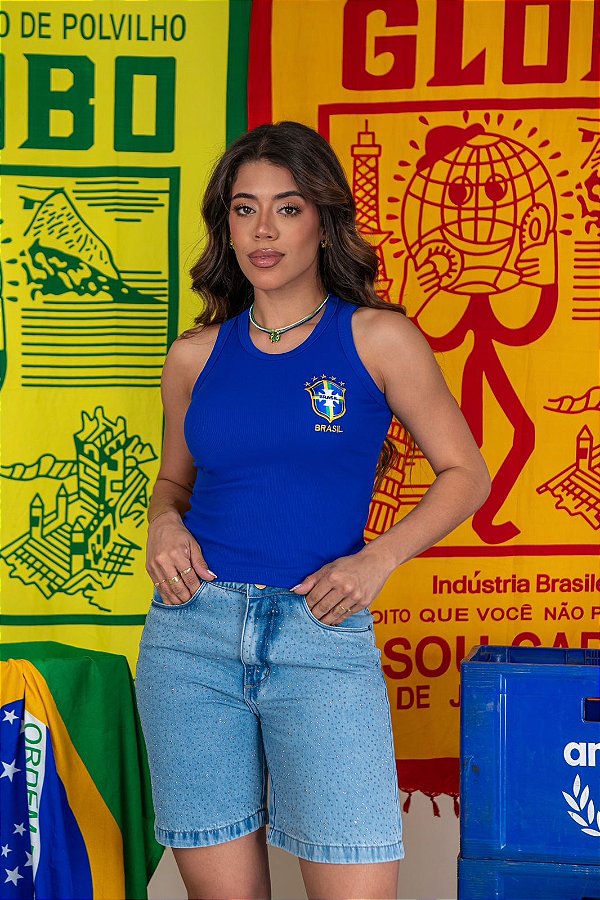 REGATA RIBANA MICRO CANELADA BRASIL BRASÃO LATERAL/ AZUL BIC