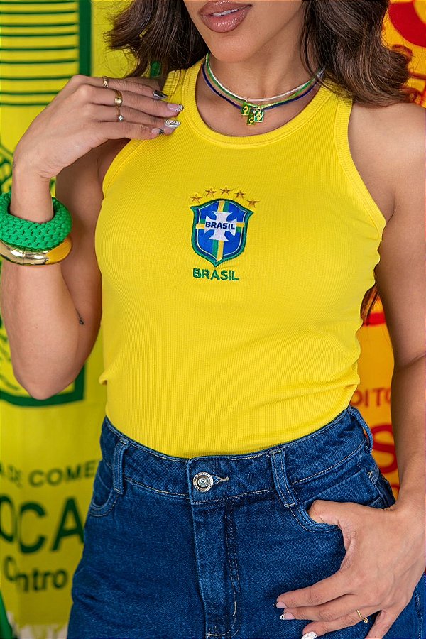 REGATA RIBANA MICRO CANELADA BRASIL BRASÃO MEIO/ AMARELA