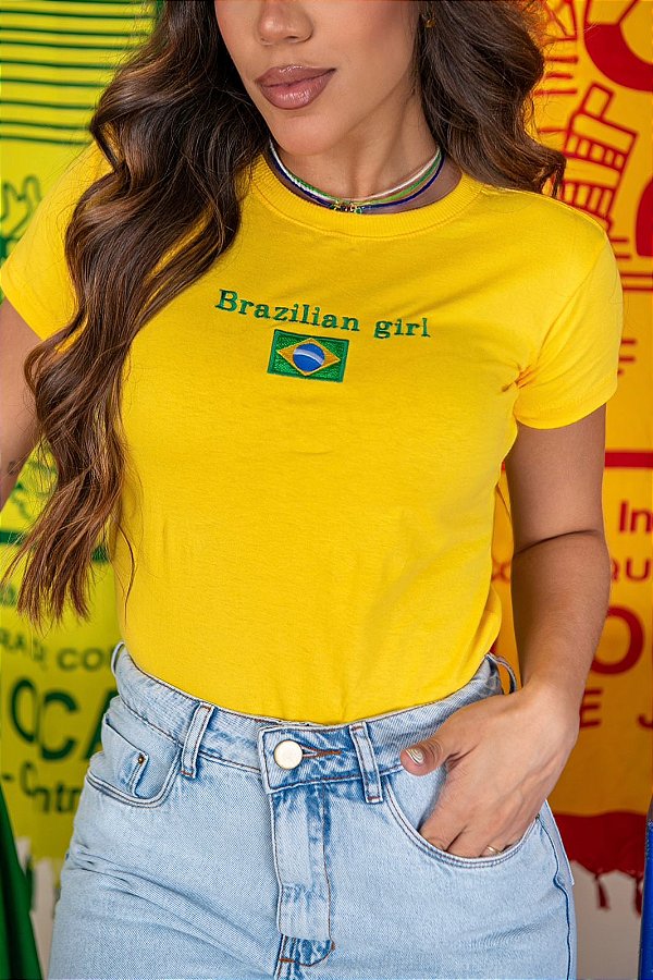 TSHIRT FEMININA ALGODÃO BRASIL BRAZILIAN GIRLS / AMARELA
