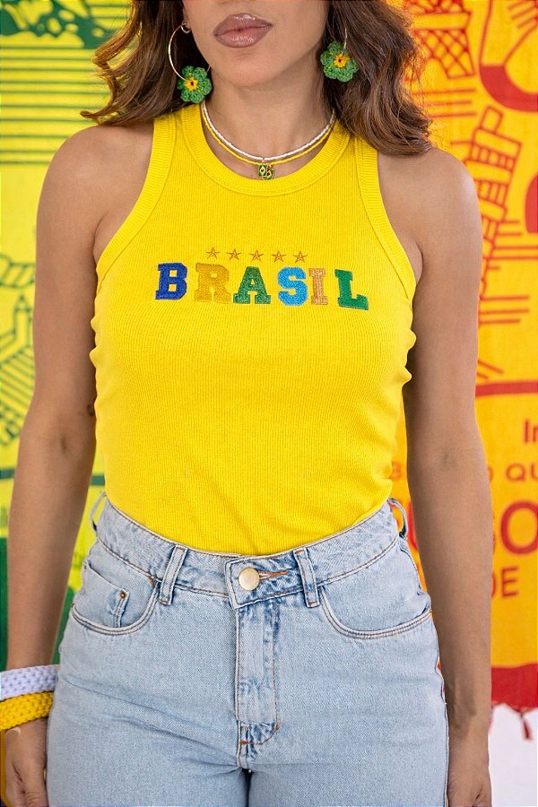 REGATA RIBANA MICRO CANELADA BRASIL BORDADA / AMARELA