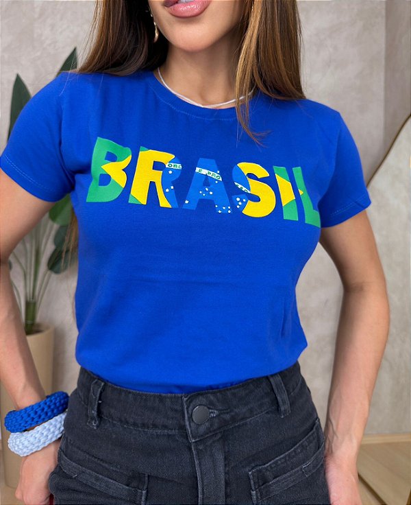 TSHIRT FEMININA ALGODÃO BRASIL ESCRITA BANDEIRA SILKSCREEN / AZUL BIC
