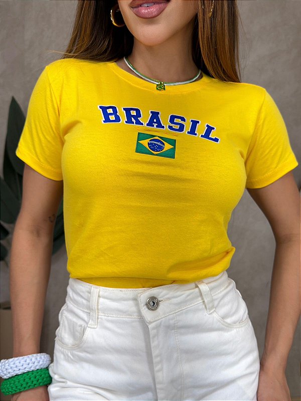 TSHIRT FEMININA ALGODÃO BRASIL BANDEIRA SILKSCREEN / AMARELA ESCRITA AZUL