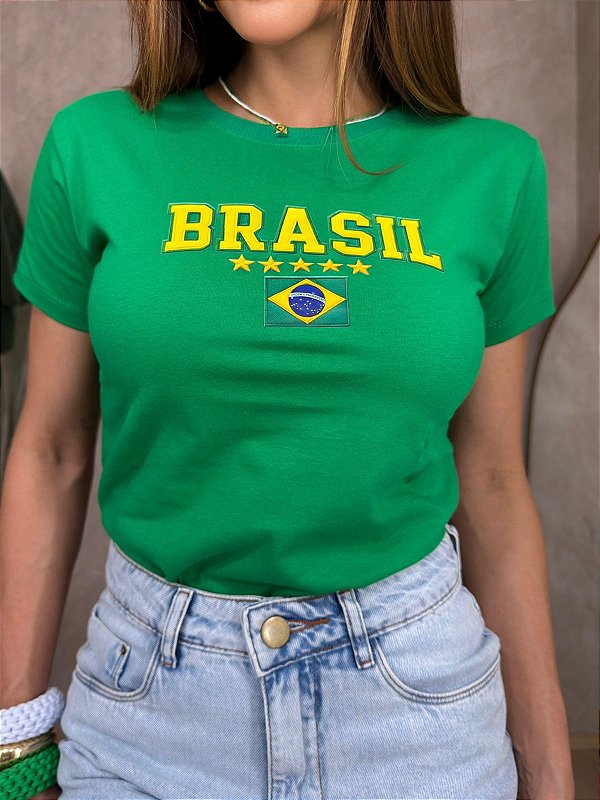 TSHIRT FEMININA ALGODÃO BRASIL BANDEIRA SILKSCREEN / VERDE BANDEIRA