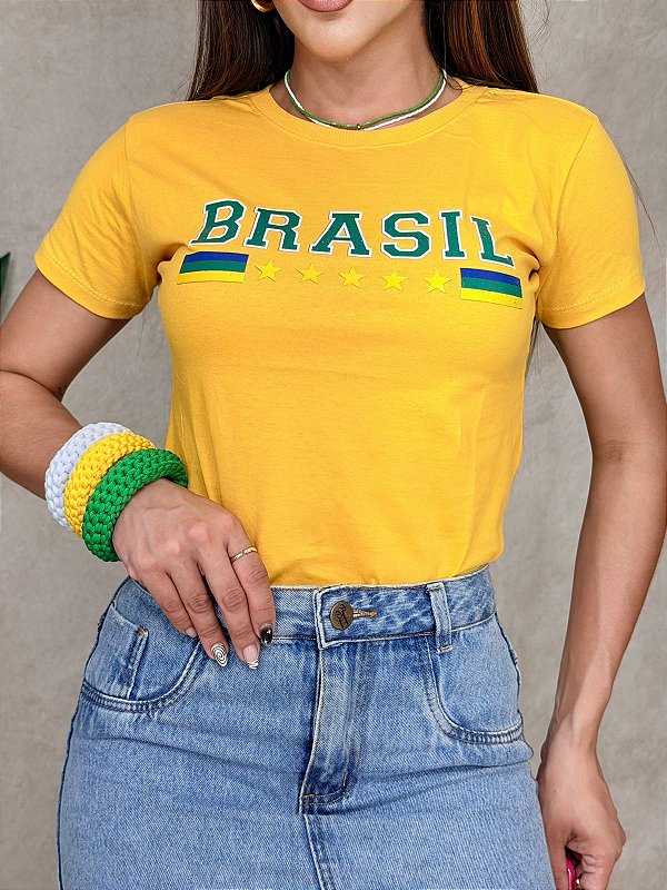 TSHIRT FEMININA ALGODÃO BRASIL LISTRAS LADO SILKSCREEN / AMARELA