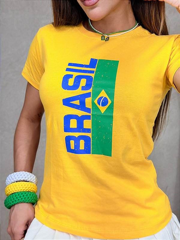 TSHIRT FEMININA ALGODÃO BRASIL BANDEIRA EM PE SILKSCREEN / AMARELA
