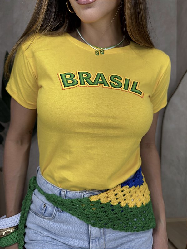 TSHIRT FEMININA ALGODÃO BRASIL SILKSCREEN / AMARELA