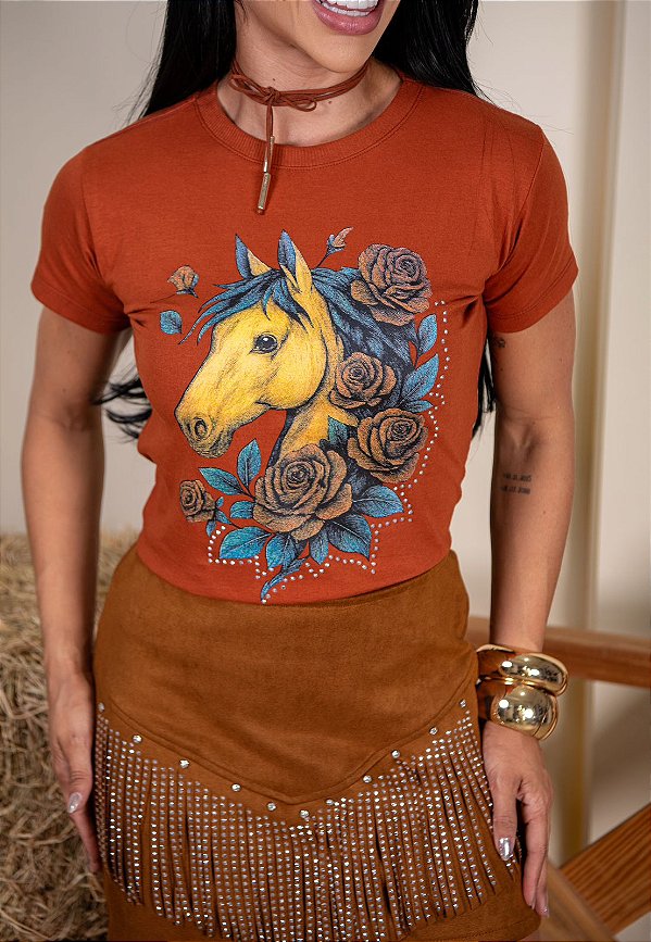 TSHIRT FEMININA ALGODÃO COUNTRY CAVALO FLORES / TERRA COTA