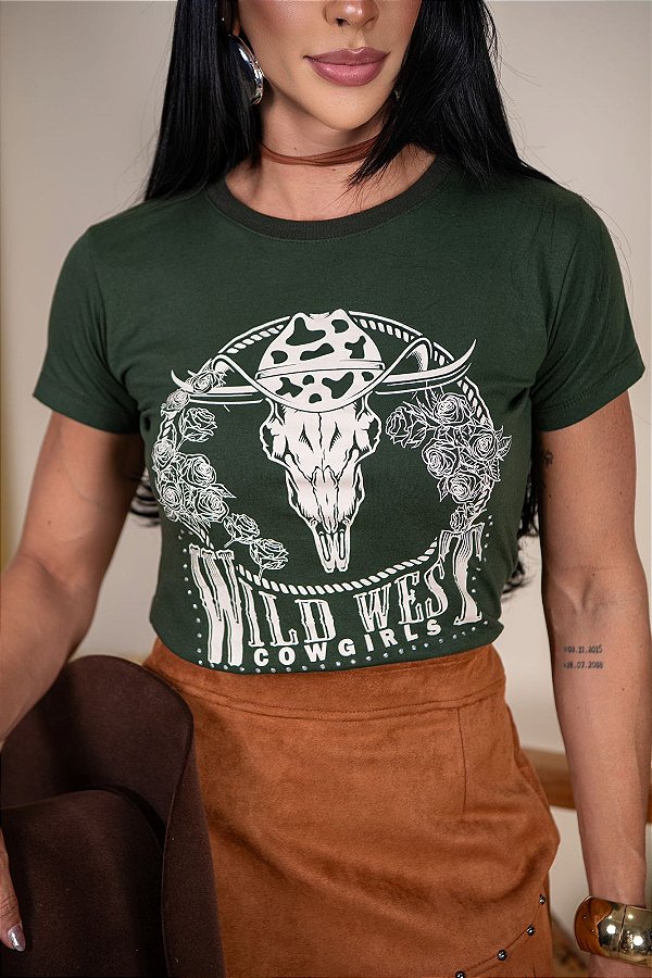 TSHIRT FEMININA ALGODÃO COUNTRY WILD WEST / VERDE MILITAR