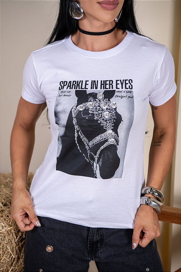 TSHIRT FEMININA ALGODÃO COUNTRY CAVALO PONTOS DE LUZ / BRANCA