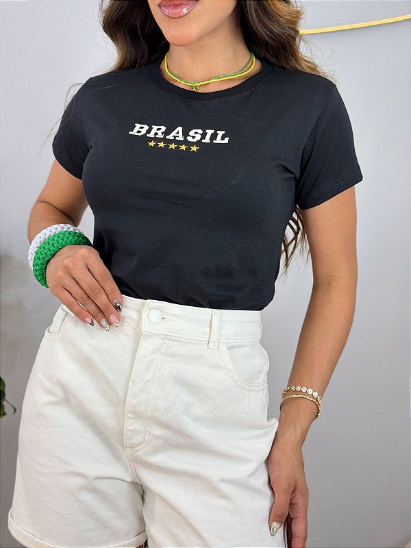 TSHIRT FEMININA ALGODÃO BORDADA BRASIL 5 ESTRELAS / PRETA