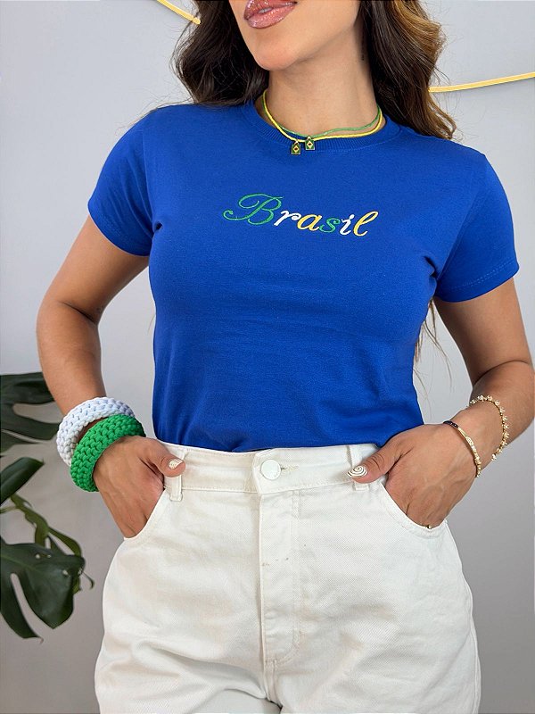 TSHIRT FEMININA ALGODÃO BORDADA BRASIL COLORIDO / AZUL BIC