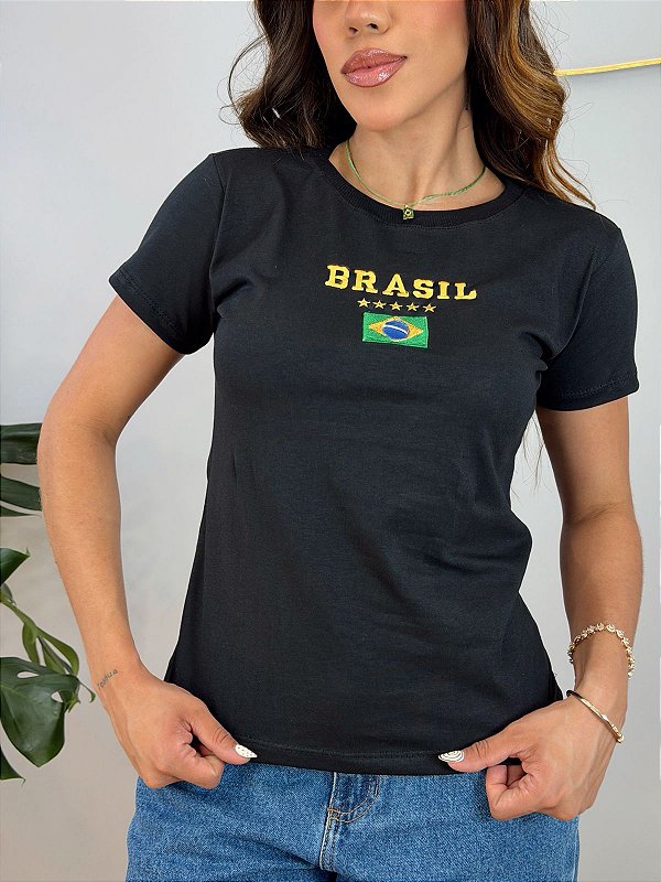 TSHIRT FEMININA ALGODÃO BORDADA BRASIL BANDEIRINHA / PRETA