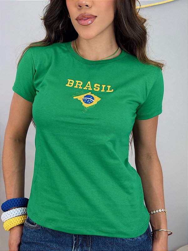 TSHIRT FEMININA ALGODÃO BORDADA BRASIL MAPA / VERDE BANDEIRA