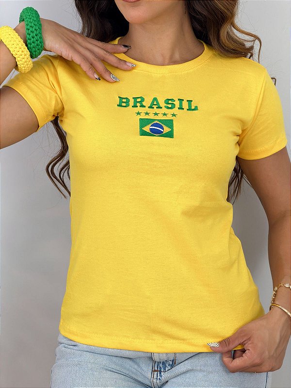 TSHIRT FEMININA ALGODÃO BORDADA BRASIL BANDEIRINHA / AMARELA