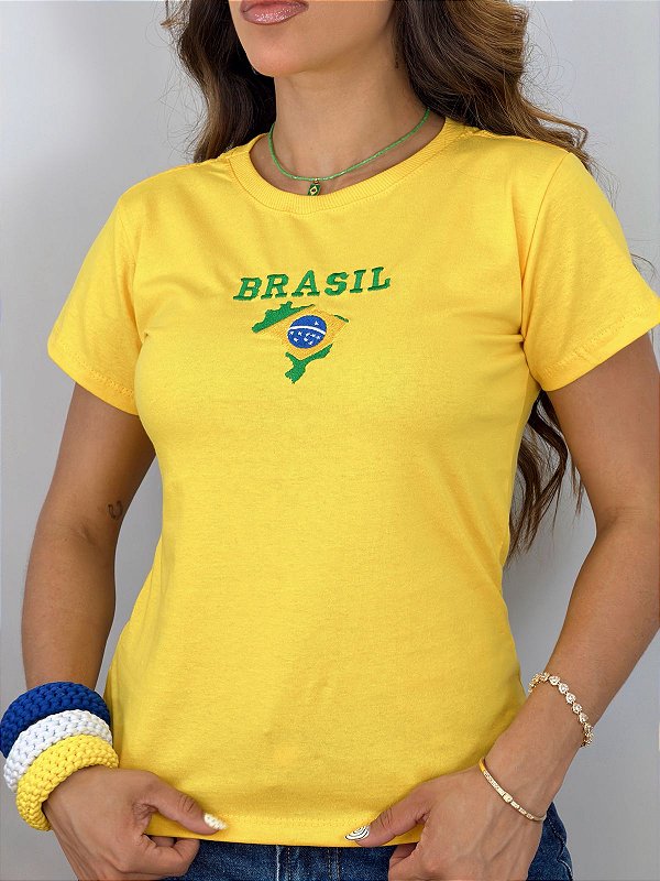 TSHIRT FEMININA ALGODÃO BORDADA BRASIL MAPA / AMARELA