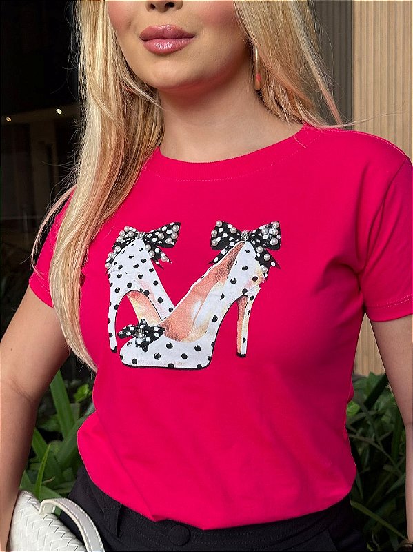 TSHIRT FEMININA ALGODÃO SANDALIA PONTOS DE LUZ / PINK