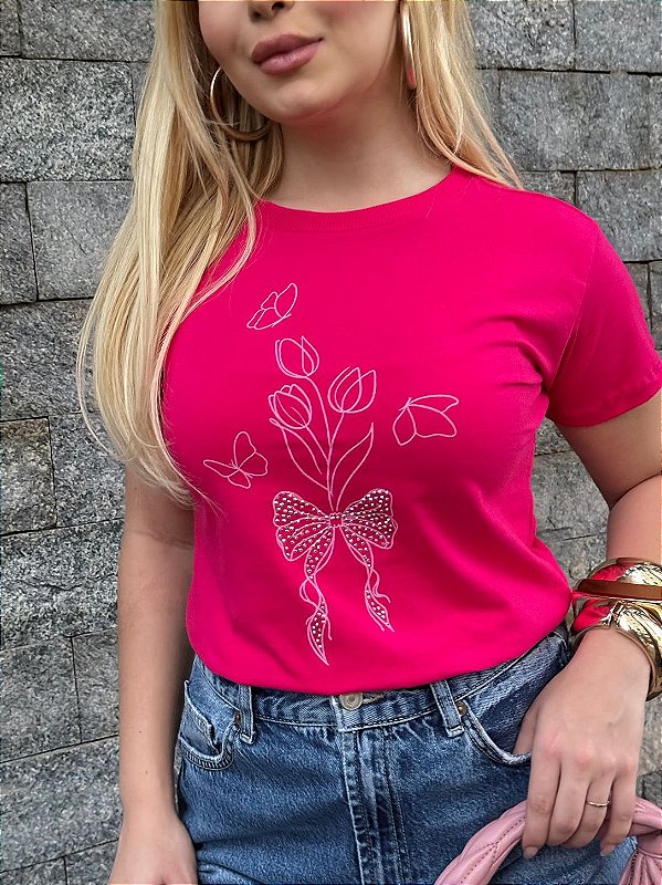TSHIRT FEMININA ALGODÃO TULIPA STRASS / PINK