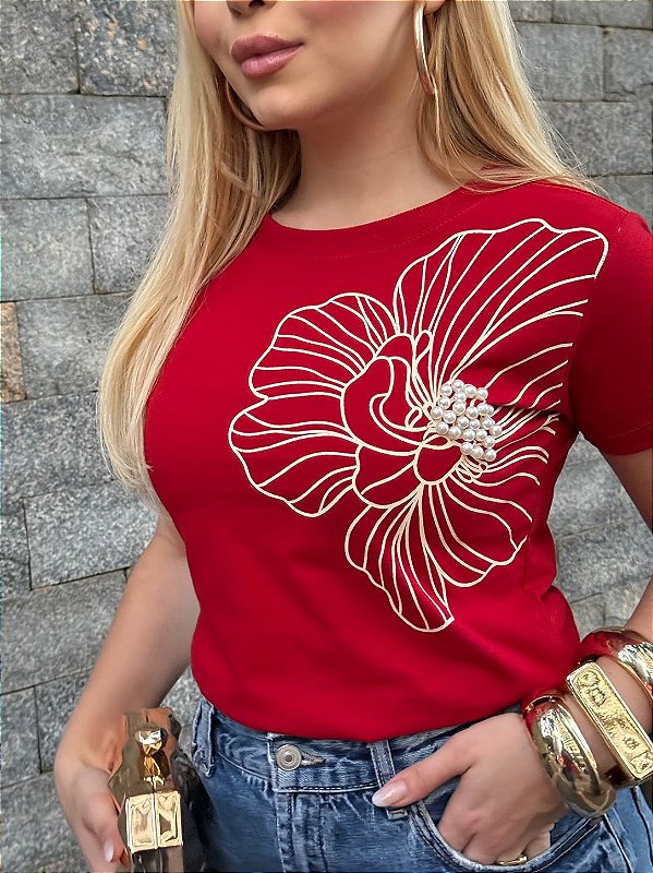 TSHIRT FEMININA ALGODÃO FLOR GRANDE MIOLO PEROLAS / VERMELHA