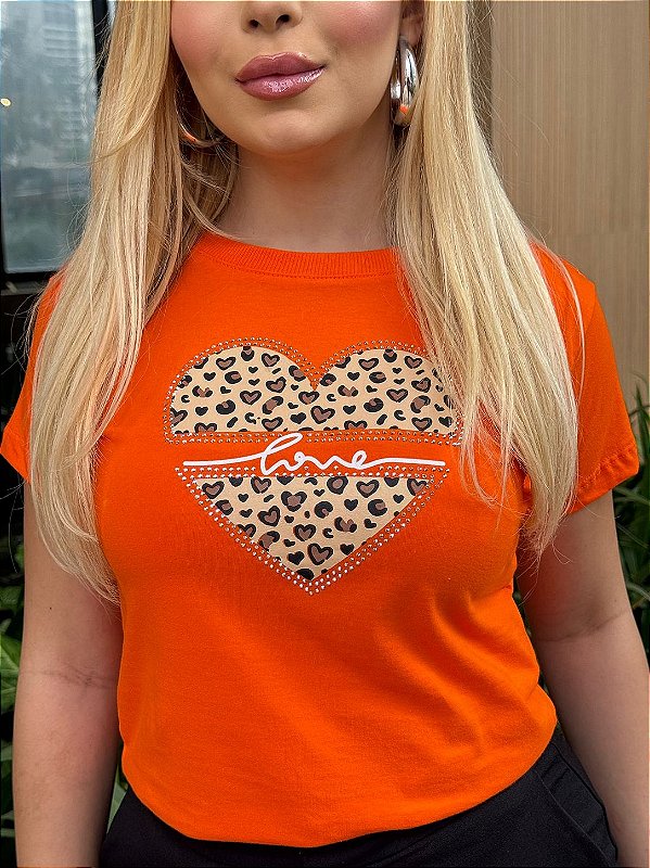 TSHIRT FEMININA ALGODÃO CORAÇÃO ONCINHA / LARANJADA