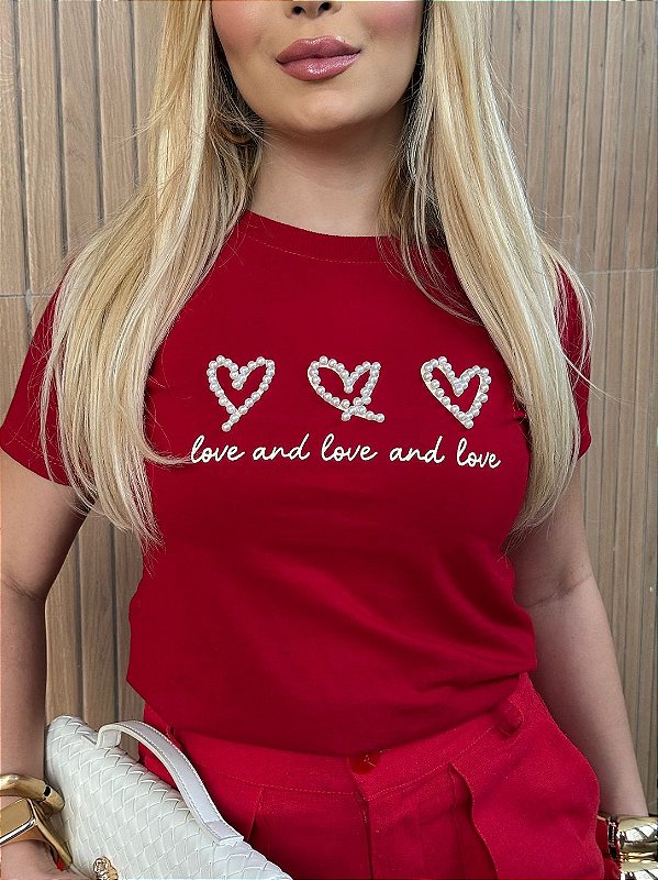 TSHIRT FEMININA ALGODÃO 3 CORAÇOES PEROLAS / VERMELHA