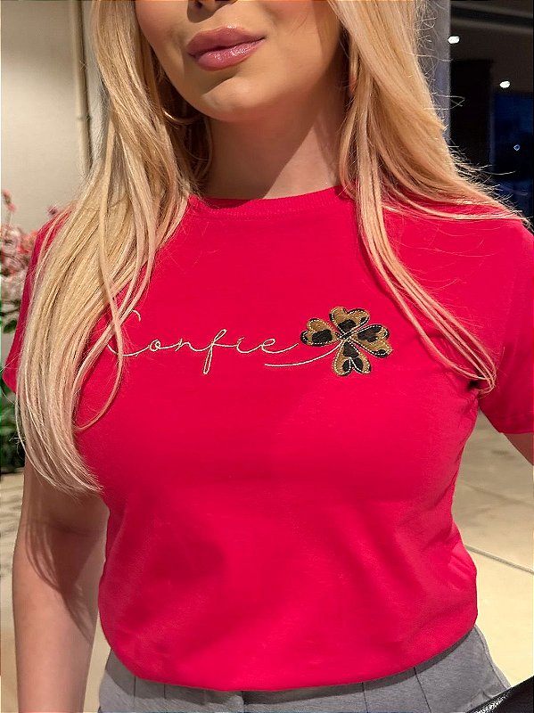 TSHIRT FEMININA ALGODÃO BORDADA CONFIE / PINK