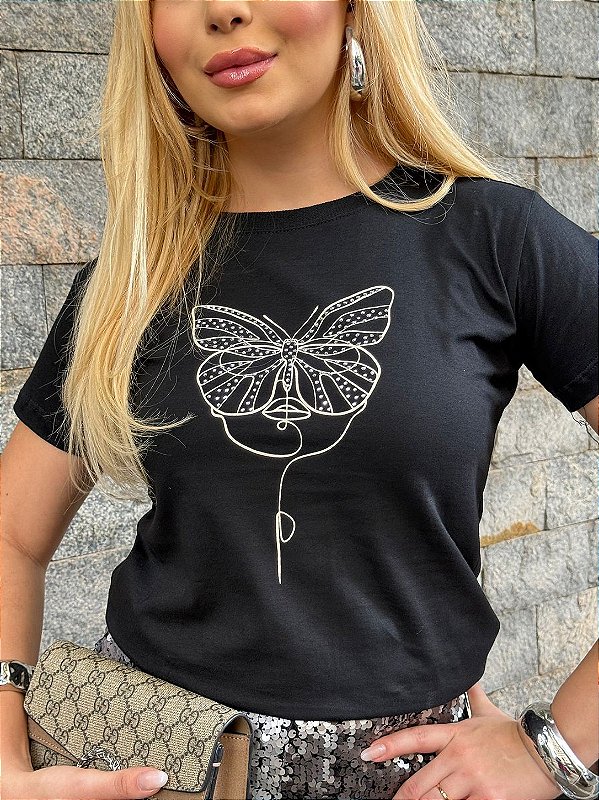 TSHIRT FEMININA ALGODÃO BORBOLETA STRASS / PRETA