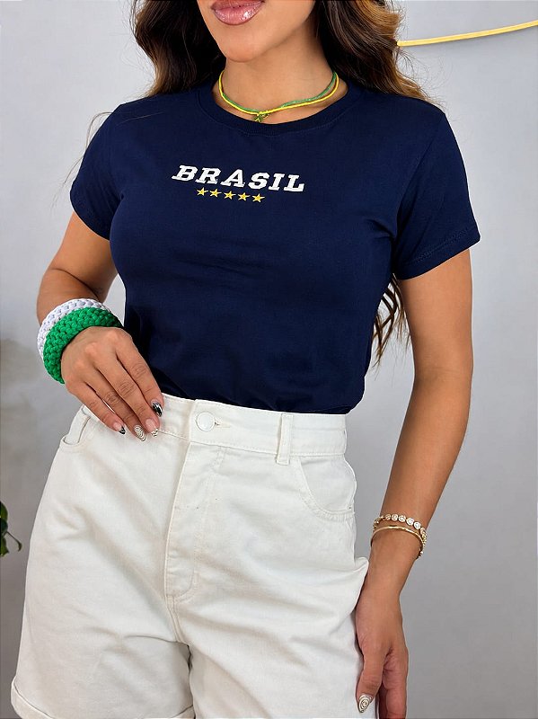 TSHIRT FEMININA ALGODÃO BORDADA BRASIL 5 ESTRELAS / AZUL MARINHO