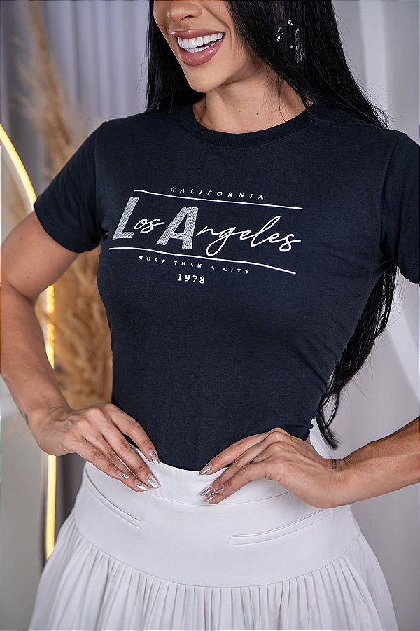 TSHIRT FEMININA ALGODÃO LOS ANGELES / PRETA